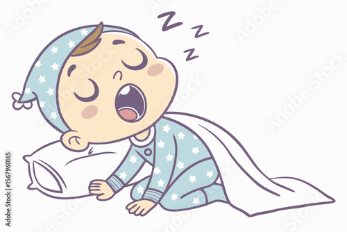 Vector cute Baby Boy cartoon character, with a sleepy yawn and closed eyes, wearing cozy pajamas and snuggled with a soft blanket, in a peaceful, dreamy style, isolated on white background
