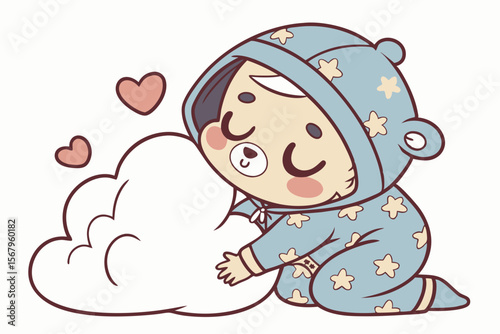 Vector cute Baby Boy cartoon character, with a sleepy blink and a soft sigh, wearing a fluffy animal-themed sleeper and hugging a cloud pillow, in a cozy, comforting style, isolated on white backgroun