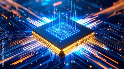 Futuristic microchip processor with data flow, abstract technology concept video
