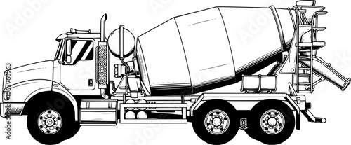 a black and white illustration of a cement truck, side view