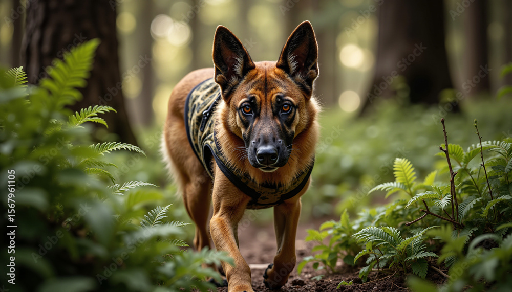 Naklejka premium Dog wearing rescue vest walking in forest surrounded by ferns