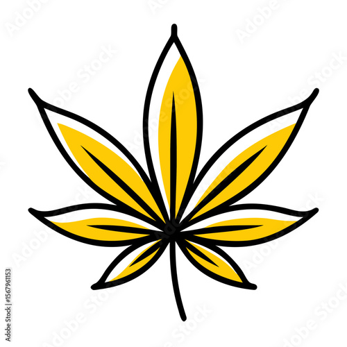 Yellow cannabis leaf illustration with black outline design  