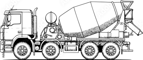 a black and white illustration of a cement truck, side view