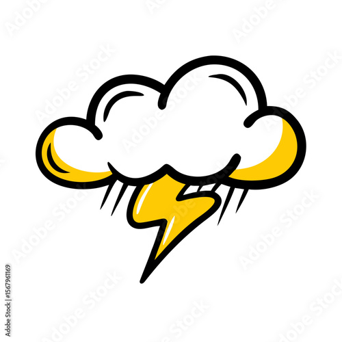 Cartoon thunderstorm cloud with lightning and rain in yellow design  