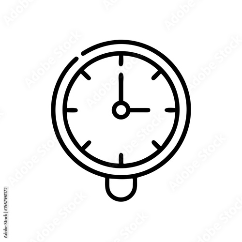 Circular analog clock with hour and minute hands in black outline  