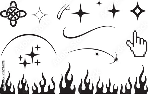 Y2K element vector illustration, trendy elements. Icons are arrows, stars, flames, checkered racing flags, planet, comet, cursor, peace sign, banner, shooting star, UFO. 