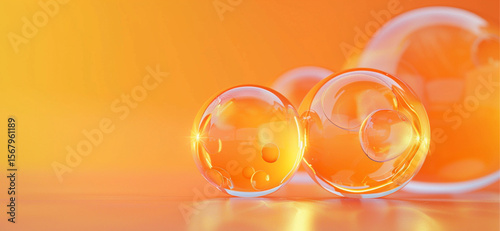 macro close-up of gel-like translucent spheres in warm orange and amber colors, all spheres fully visible inside frame, floating on glossy surface, soft light reflections, minimal background