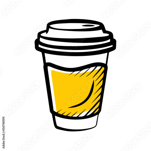 Coffee cup with yellow sleeve in a hand-drawn style  