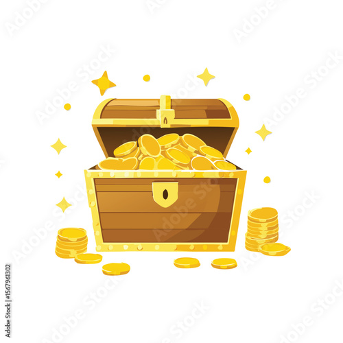 Simple Illustration Golden Treasure Chest Overflowing with Gold Coins