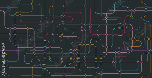 Seamless Technology Multicolored Line Circuit on Black Background.