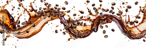 Dynamic coffee splash elements with flying roasted beans isolated on transparent background

