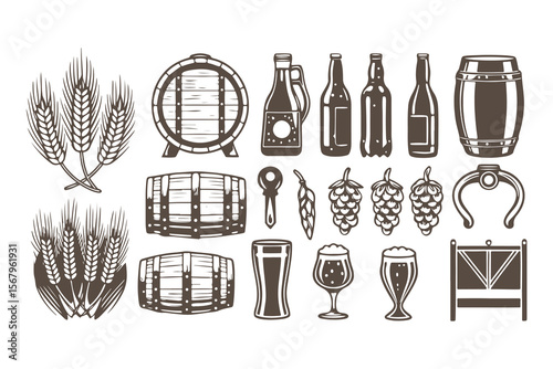 Vintage beer and brewery icon set. Vector graphics of mugs, barrels, bottles, and wheat for pub menu or logo design.