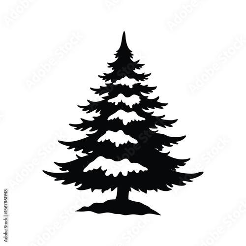 Silhouette of a majestic Christmas tree with snow, isolated on white