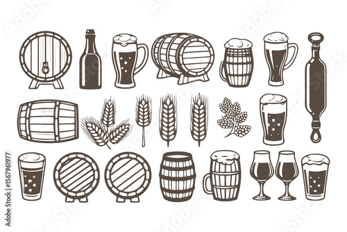 Vintage beer and brewery icon set. Vector graphics of mugs, barrels, bottles, and wheat for pub menu or logo design.