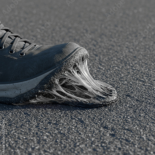The sole of a shoe melted on the asphalt when he lifts his foot, hot asphalt, canicula