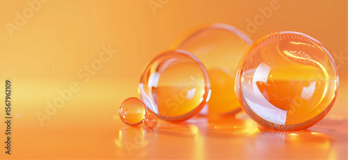 macro close-up of gel-like translucent spheres in warm orange and amber colors, all spheres fully visible inside frame, floating on glossy surface, soft light reflections, minimal background