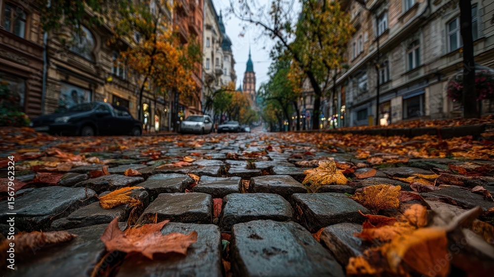 Autumn cobblestone street fall foliage and cityscape photography Autumn cobblestone street fall foliage and cityscape photography