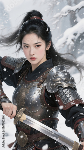Fierce Female Warrior in Detailed Armor Amid a Snowy Landscape