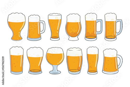 Beer mug and glass icon set. Vector collection of various pints and steins with foam for pub menu or Oktoberfest design.
