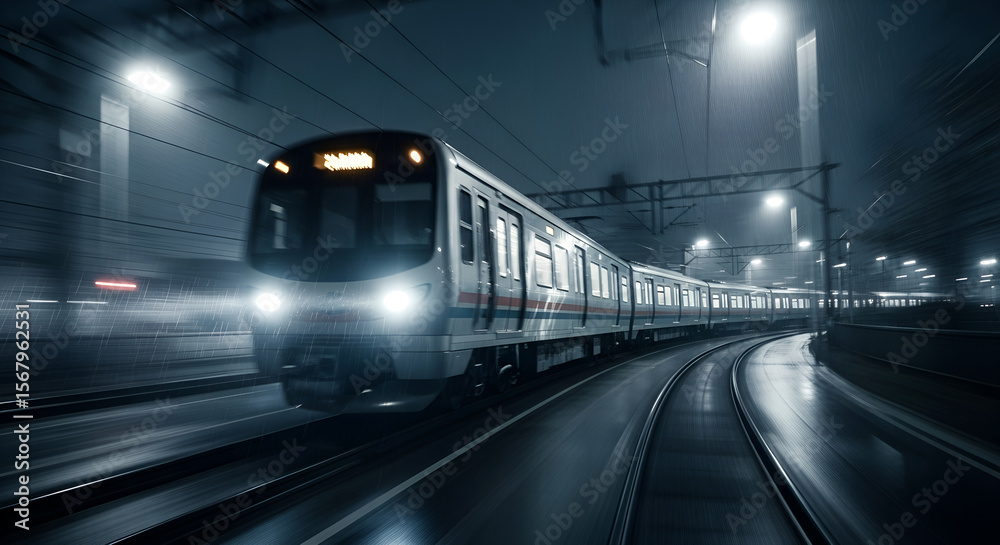 Naklejka premium FastMoving Modern Train with Bright Headlights in Tunnel Night Scene.