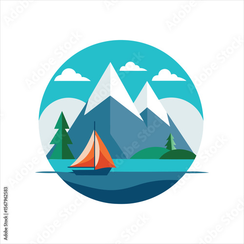 Mountain Tent and Ocean Sailboat Illustration