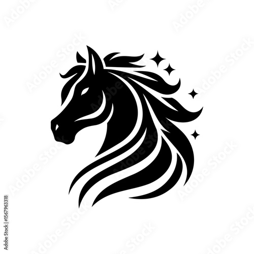 Mystical Equine: A majestic black horse silhouette, adorned with sparkling elements, radiates elegance and strength. Capturing the horse's noble essence.