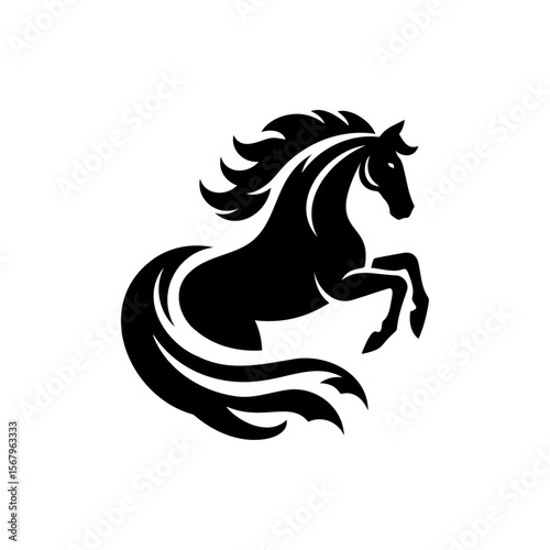 Majestic Black Stallion Silhouette: Powerful black stallion, frozen mid-rear, emanates a sense of raw strength and untamed spirit