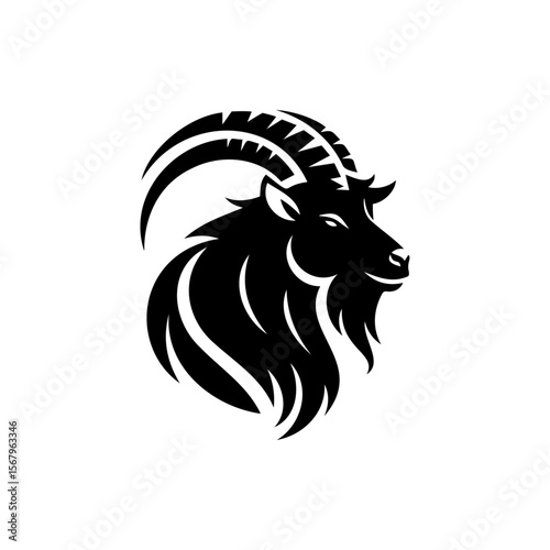 Majestic Silhouette: A stylized illustration presents a black goat's profile, exuding strength and resilience with its impressive horns.