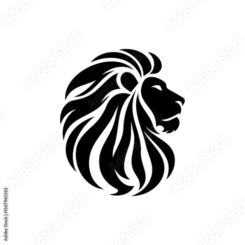 Majestic Lion Icon: A minimalist monochrome illustration of a regal lion's head in profile, capturing strength, power, and nobility. 