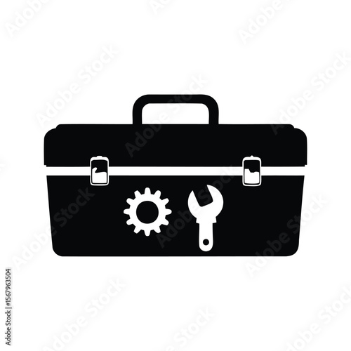Black and white illustration of a toolbox containing a gear and wrench