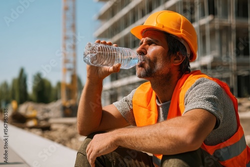 Construction worker wearing safety helmet and vest drinking water from plastic bottle while resting at construction site on hot summer day