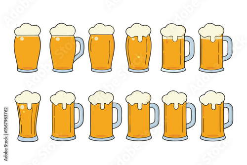 Beer mug and glass icon set. Vector collection of various pints and steins with foam for pub menu or Oktoberfest design.