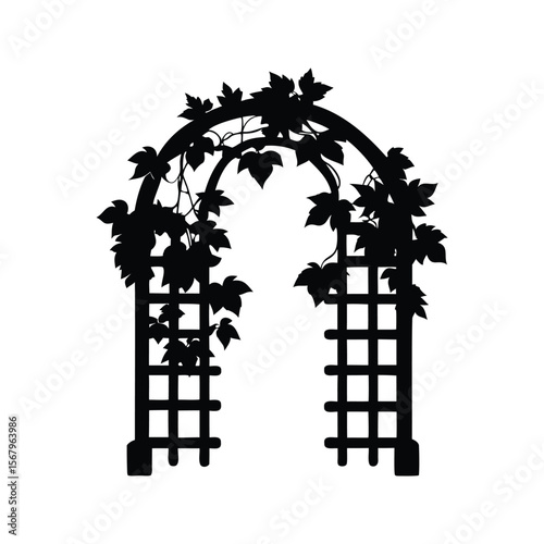 Black silhouette of an archway covered with climbing foliage and vines illustration