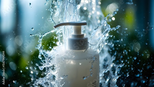 Product shot of white bottle with pump dispenser surrounded by splashing water beauty concept