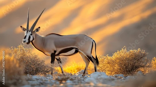 Sunrise profile of an oryx in arid landscape