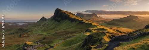 Quiraing mountains sunset at Isle of Skye, Scottland, United Kingdom