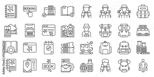 Ultimate Backpacking Trip Guidebooks set of web icons in line style. backpacking guidebook, travel guide, backpacking trip, travel tips and travel book.  Vector illustration