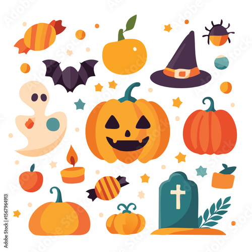 Cute Halloween Clipart Set – Flat Design of Spooky Items in Doodle Style. Minimalist Halloween Vector Icons – Flat Doodle Style Pumpkins, Ghosts, Rats, and Tombstones