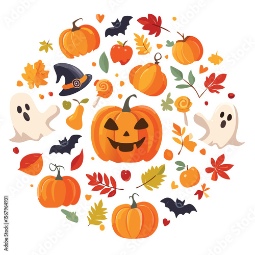 Cute Halloween Clipart Set – Flat Design of Spooky Items in Doodle Style. Minimalist Halloween Vector Icons – Flat Doodle Style Pumpkins, Ghosts, Rats, and Tombstones