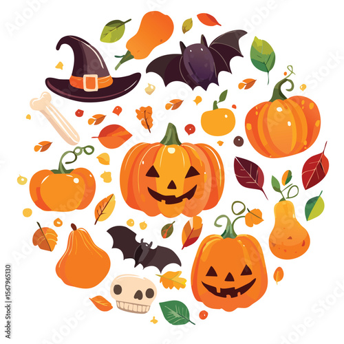 Cute Halloween Clipart Set – Flat Design of Spooky Items in Doodle Style. Minimalist Halloween Vector Icons – Flat Doodle Style Pumpkins, Ghosts, Rats, and Tombstones