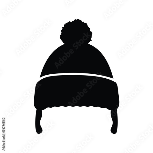 Black silhouette of a winter hat with earflaps and pompom design