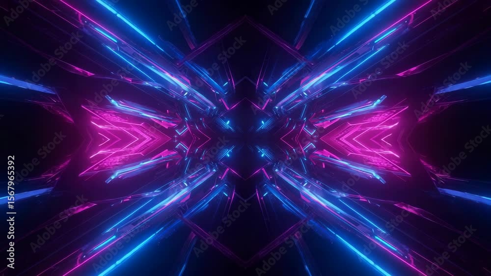 Shimmering purple fractals illuminate a vibrant, glowing blue space with dynamic, colorful light trails