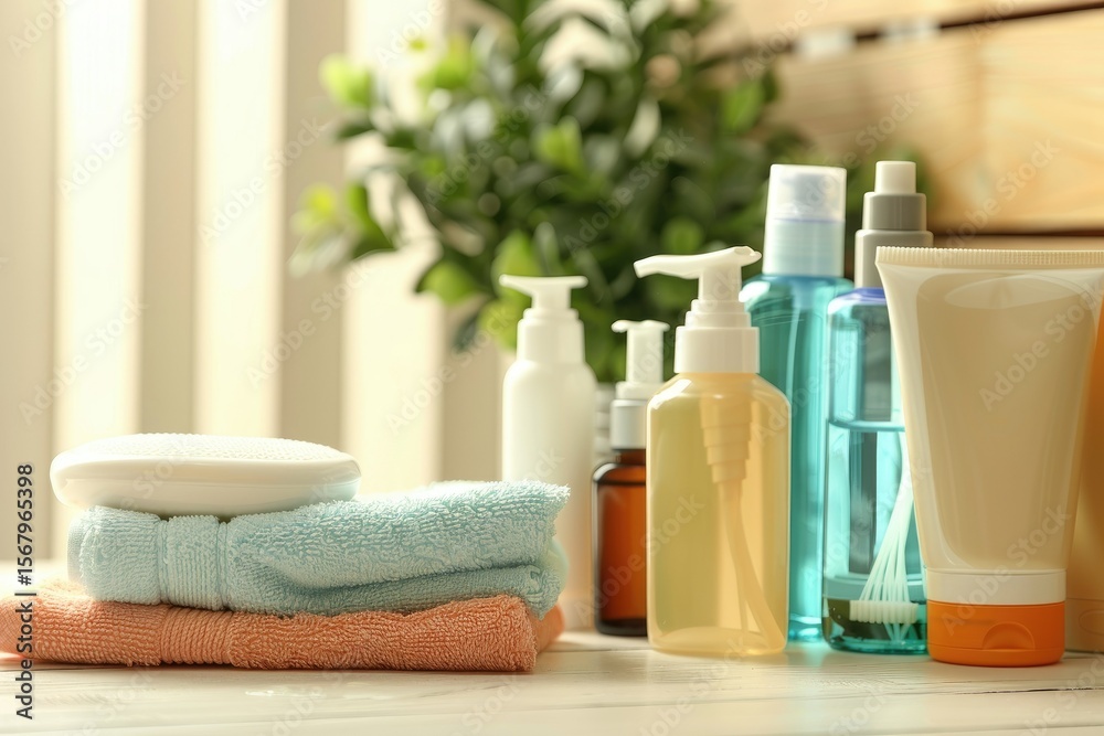 High Definition View of Different Body Care Products on Table Against Light Wooden Background High Definition View of Different Body Care Products on Table Against Light Wooden Background