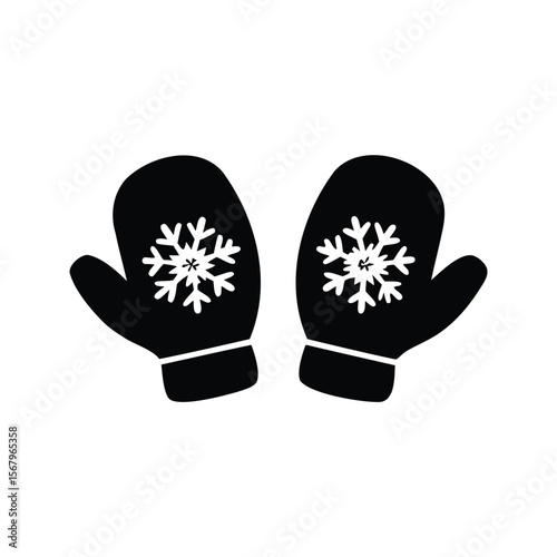 A pair of simple black mittens decorated with white snowflakes