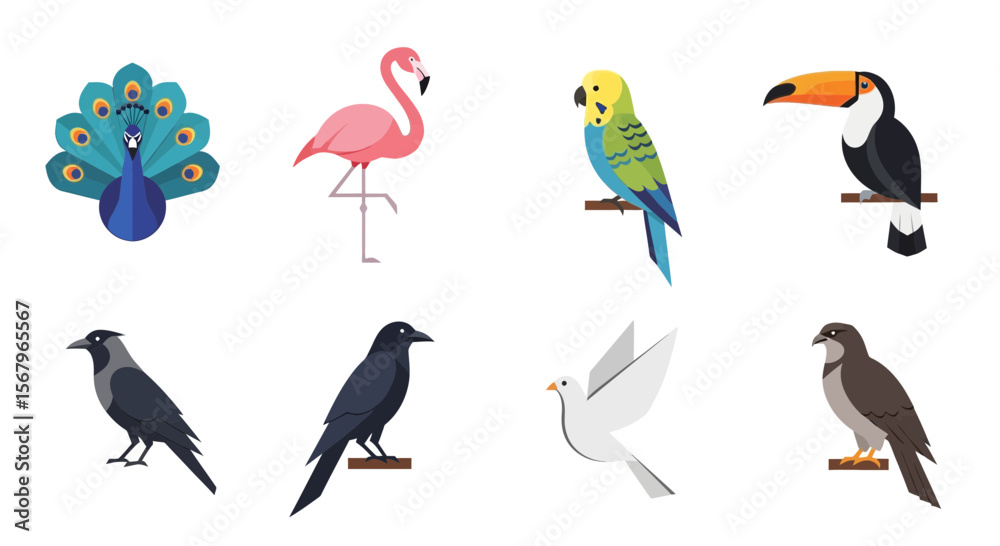 Naklejka premium Vector vector illustration of various bird species including peacock flamingo toucan parrot crow dove and hawk design