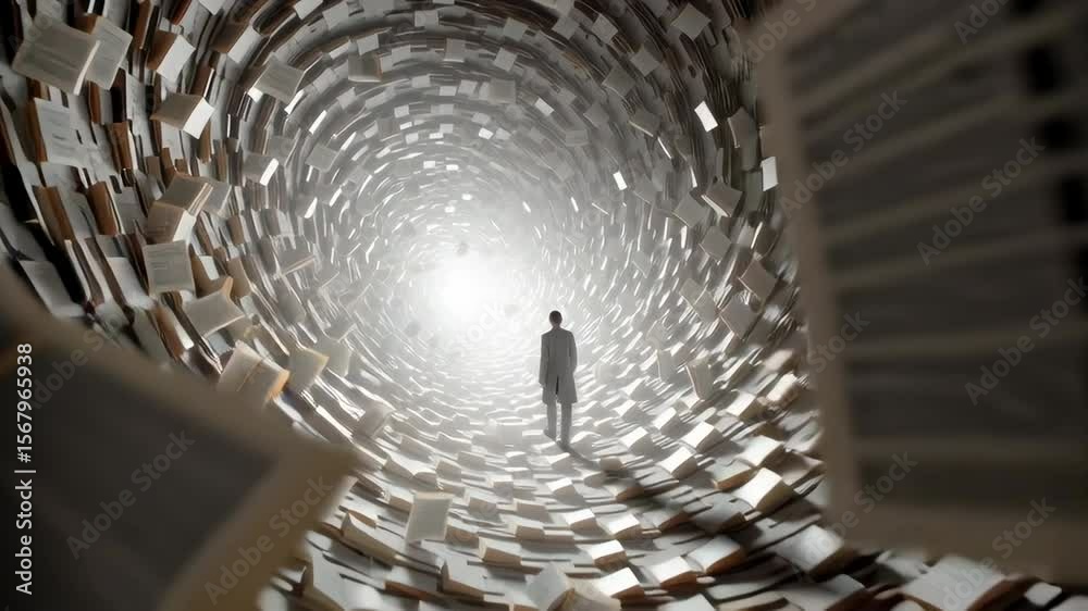 wide shot of a person stepping into a library where the books fly open and form a swirling vortex of words, symbolic and imaginative