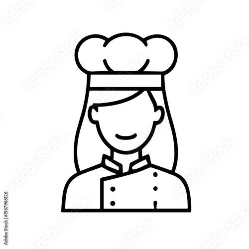 Simple black and white line drawing of a female chef wearing a hat and uniform.
