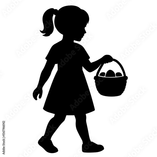 Silhouette of little girl carrying basket of eggs, farm life, childhood, traditional egg gathering, rural lifestyle, animal care, Easter activities