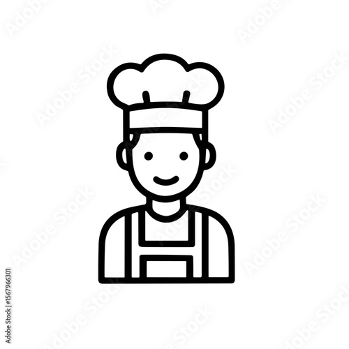 Illustration of a smiling chef wearing a tall chef's hat and apron, depicted in a simple black outline style on a white background.