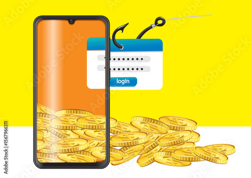 Mobile phone displaying a phishing attempt with login form and gold coins representing online fraud risks